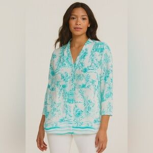 Investments Teal and White Floral Top Size S